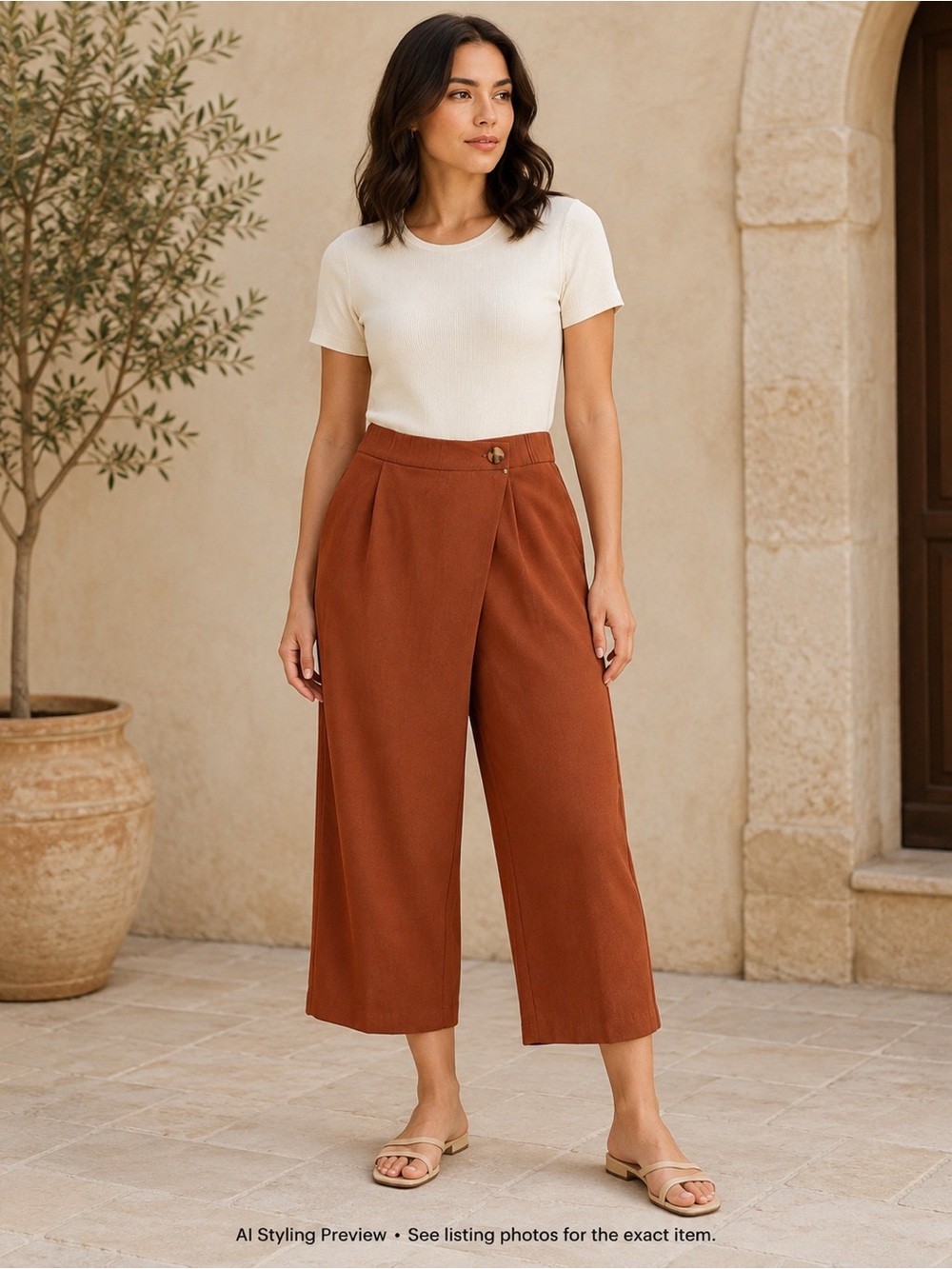 English Factory Women’s S Rust Brown Crossover Cropped Wide Leg Pants